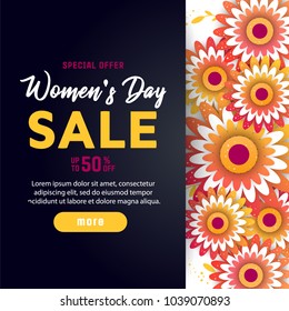 International women's day greeting  poster. Illustration with origami chamomile on a dark background. 