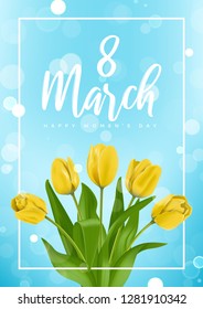 International Women's Day greeting poster. Vector illustration with realistic yellow tulips flowers on blue background with effect bokeh. Greeting card for 8 March.