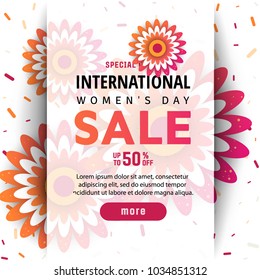 International women's day greeting  poster.3d illustration with blue origami flowers on a white background.  Eps10 vector illustration with place for your text.