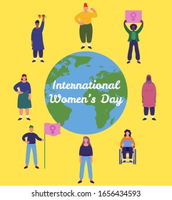 International women's day. Group of women's with different nationalities and cultures. Women's day concept. Vector illustration