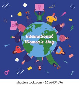 International women's day. Group of women's with different nationalities and cultures. Women's day concept. Vector illustration