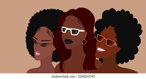 International women's day. Group of diverse beautiful african american woman standing together. Afro hair style. Portrait of female faces. Feminist, equality, freedom, justice movement. Friendship