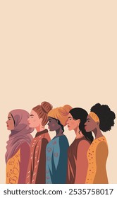 International Women's Day. Women's group, girls of different cultures and skin colors. Feminism. Movements for gender equality and women's empowerment. Vector banner.