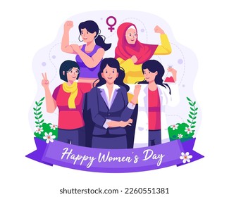 Día Internacional de la Mujer. Grupo de mujeres felices sonrientes de diferentes etnias y diversidad multinacional. Ilustración vectorial en estilo plano