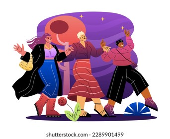 International Womens Day. Group of happy young girls in stylish clothes having fun and walking. Unity, sisterhood, feminism and support. Women celebrate March 8. Cartoon flat vector illustration