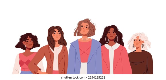 Día Internacional de la Mujer. Grupo de mujeres fuertes multinacionales. Empoderamiento de las niñas con poder. Concepto de igualdad, comunidad de hermandad, feminismo. Ilustraciones vectoriales planas aisladas en fondo blanco