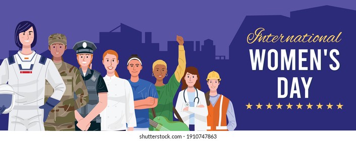 International women's day. Group of women with various occupations. Vector