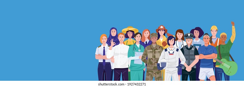 Día Internacional de la Mujer. Grupo de mujeres con diversas ocupaciones. Vector