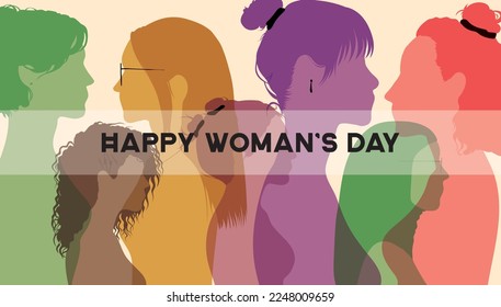 International Womens Day. A group of women from different ethnicities stands together. Vector illustration. Flat Banner. 