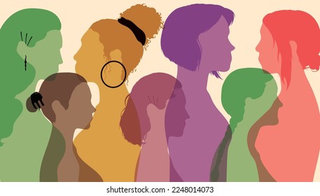 International Women's Day. Group of women of different ages stands together. Group of women from different ethnicities stands together. 