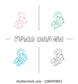 International Women's Day hand drawn icons set. Flowers bouquet and number 8. March 8th. Color brush stroke. Isolated vector sketchy illustrations