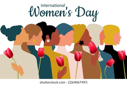 International Women's Day. Happy beautiful women holding a red tulip in their hands on a white horizontal background. Cute postcard for the spring holiday. Vector.