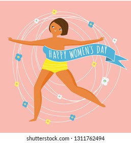 International Women's Day. Happy female run free. Design template for card, poster, banner. Vector illustration for 8 march.