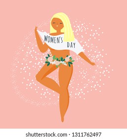 International Women's Day. Happy female dance. Design template for card, poster, banner. Artistic vector illustration for 8 march