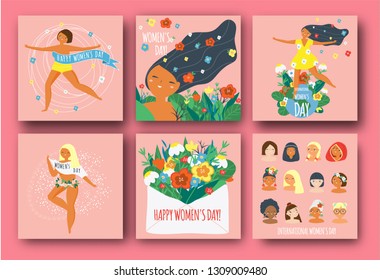 International Women's Day. Happy females of different nationalities and religions. Set of templates for card, poster, banner. Vector illustration for 8 march