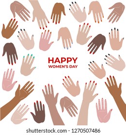 International women's day. Happy women's day. Greeting card design with cute hands. Hands pattern for poster, banner. Hand vector illustration.