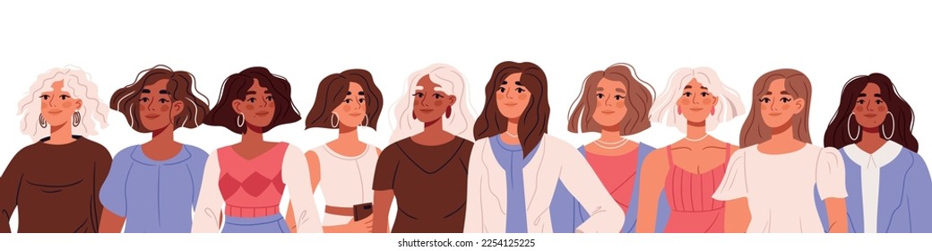 International women's day. Womens history month. Power girls empowerment. Concept for equality, sisterhood community, feminism. Flat vector illustrations isolated on white background