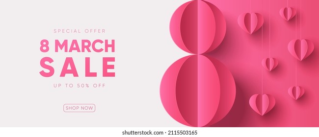 International Women's Day holdiay banner. Paper style 3d decoration. 8 March background. Vector illustration.