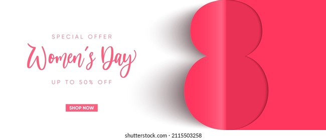 International Women's Day holdiay banner. Paper style 3d decoration. 8 March background. Vector illustration.