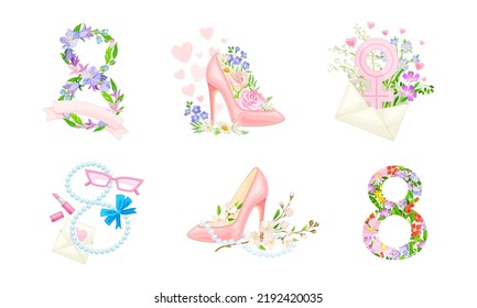 International Women's Day Holiday Attributes with Floral Composition Vector Set