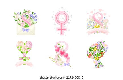 International Women's Day Holiday Attributes with Floral Composition Vector Set