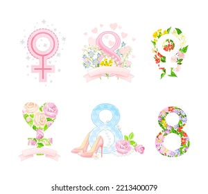 International Women's Day Holiday Attributes with Floral Composition Vector Set