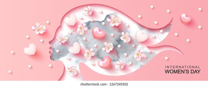 International Womens Day holiday illustration. Paper cutout girl face with watercolor texture, flowers, hearts and beads.Vector illustration for postcards,posters, coupons, promotional material.