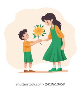 International Women's Day holiday March 8! Cute cards and stickers for spring holiday. Vector illustration on which a kind boy gives a yellow flower to a young girl congratulating her on Women's Day 