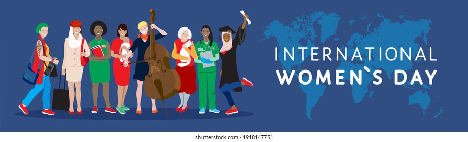 International Women`s Day holiday vector banner. Diverse international group, young and elderly women, african, asian, muslim female together, different professionals, happy mom, support, empowerment