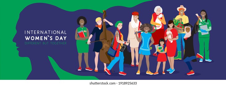 International Women`s Day holiday vector banner. Diverse multiethnic group, young and elderly women, african, asian, muslim female different professionals, happy mom, support, empowerment, sisterhood