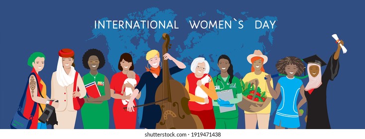 International Women`s Day holiday vector banner. Diverse multiethnic group, young and elderly women, african, asian, muslim female different professionals, happy mom, support, empowerment, sisterhood