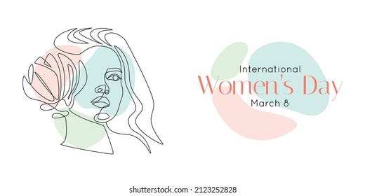 International Women's Day holiday vector illustration. Woman face with flower in one continuous line drawing. Doodle Female portrait in linear style for web banner or greeting card