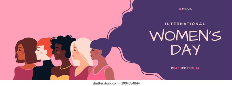 International Women's Day horizontal banner. Vector illustration. Woman of different nationalities. Struggle for freedom, equality and independence concept, 8 March. Female diverse faces