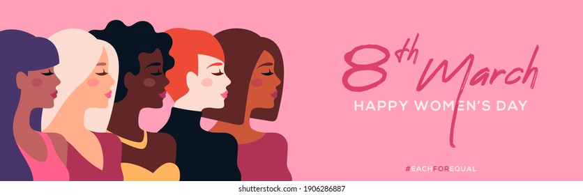 International Women's Day horizontal banner. Vector illustration. Woman of different nationalities standing together. Struggle for freedom, equality and independence flat character concept 8 March