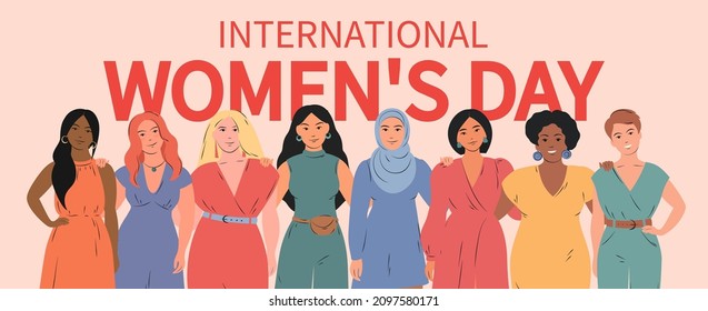 International Women's Day horizontal banner. Multinational multicultural group of women. Struggle for freedom, equality and independence concept, 8 March. Vector illustration