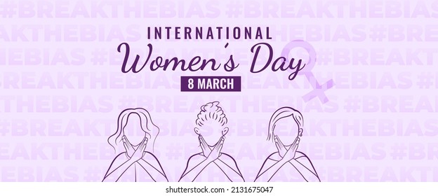 Internationales Frauentag, horizontales Bannerdesign mit drei Frauen-Umrissgrafik. Brechen Sie die Hashtag-Kampagne für Voreingenommenheit.