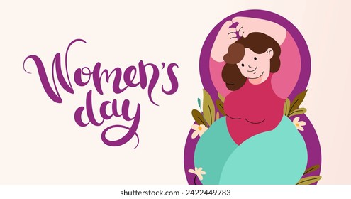 Banner horizontal del Día Internacional de la Mujer. Autocuidado, concepto positivo corporal. Feliz y talla chica y estilo de vida saludable activo. Invitación con plantas número 8 y primavera. Ilustración vectorial.