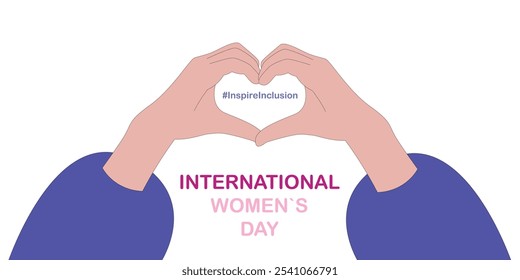 International Women's Day horizontal banner. Female hands showing sign of heart. InspireInclusion. Design for banner, poster, campaign, social media post. Vector illustration