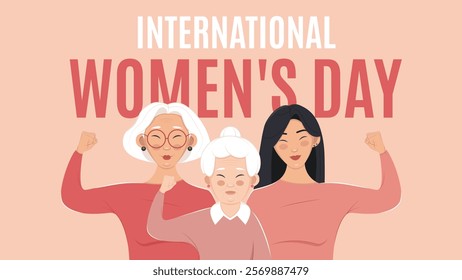 International Women's Day horizontal banner with three generations of women. Vector illustration in flat style. 8 March. Asian women.