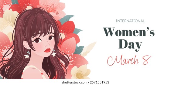 International Women's Day. Horizontal banner or flyer featuring a beautiful woman and spring flowers. Elegant background for March 8. Modern vector template for the global celebration of women.