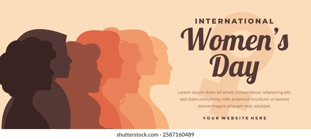 International Women's Day horizontal banner design, with diversity silhouettes flat illustration of women's heads