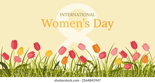 International Women's Day. Horizontal floral banner with tulip flowers and number 8. Elegant spring background or flyer for March 8. Modern vector template for international women's celebration.