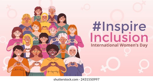 International Women's Day horizontal template. Slogan of Inspire Inclusion. Collective of women of various age, ethnicity, clothes, hair and skin colors make a heart gesture in flat vector style.