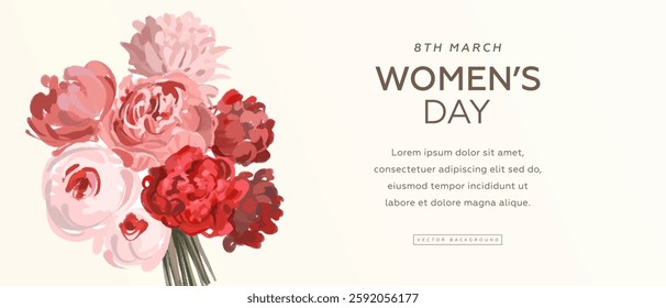 International women's day horizontal web banner, flyer or greeting card design template with hand drawn bouquet of flowers on pink background. Vector illustration