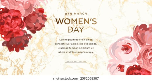 International women's day horizontal web banner, flyer or greeting card design template with hand drawn bouquet of flowers on marble background. Vector illustration