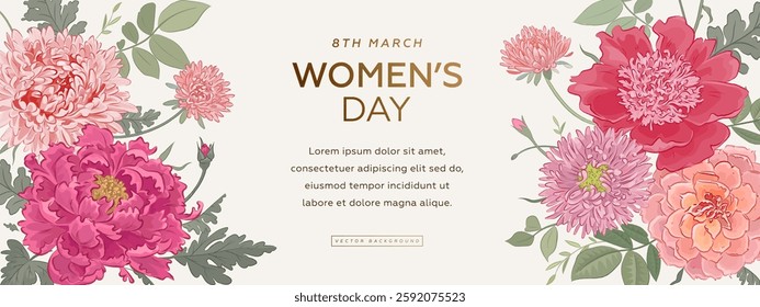 International women's day horizontal web banner, flyer or greeting card design template with hand drawn detailed flowers on light background. Vector illustration