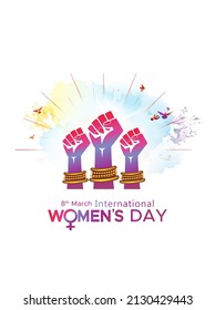 International Womens day icon creative with Women fist, flower background and text 8th March International women's day