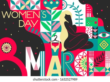 International Women's Day. Illustrated abstract flat style background with decorative font composition and a girl.