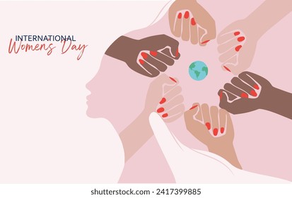 International Women's Day illustration. 8 March, Happy women's day written logo, banner. Abstract art, women hand and world vector.