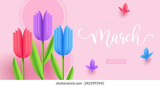 International Women's Day illustration. 8 March Greeting card with paper tulips flowers and butterflies. Vector design.